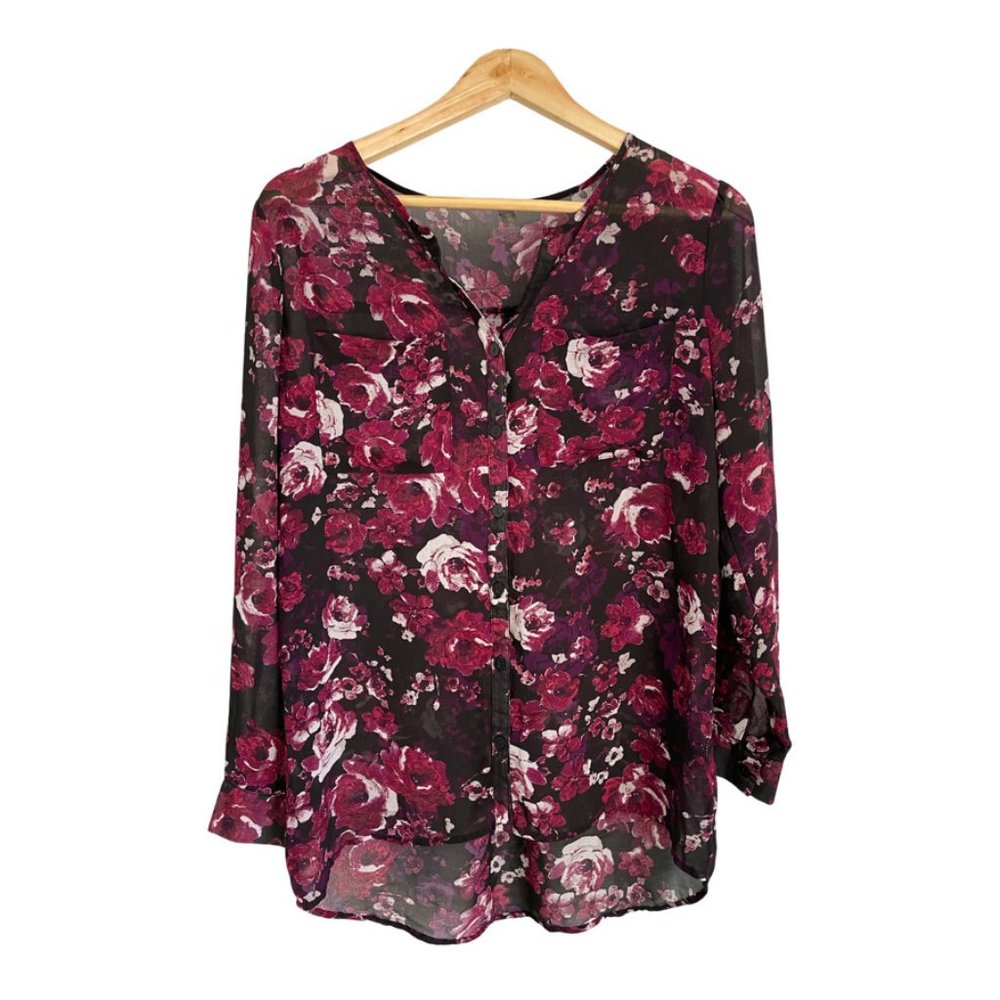 MASSINI | black & purple floral long sleeve sheer button up blouse - size: S